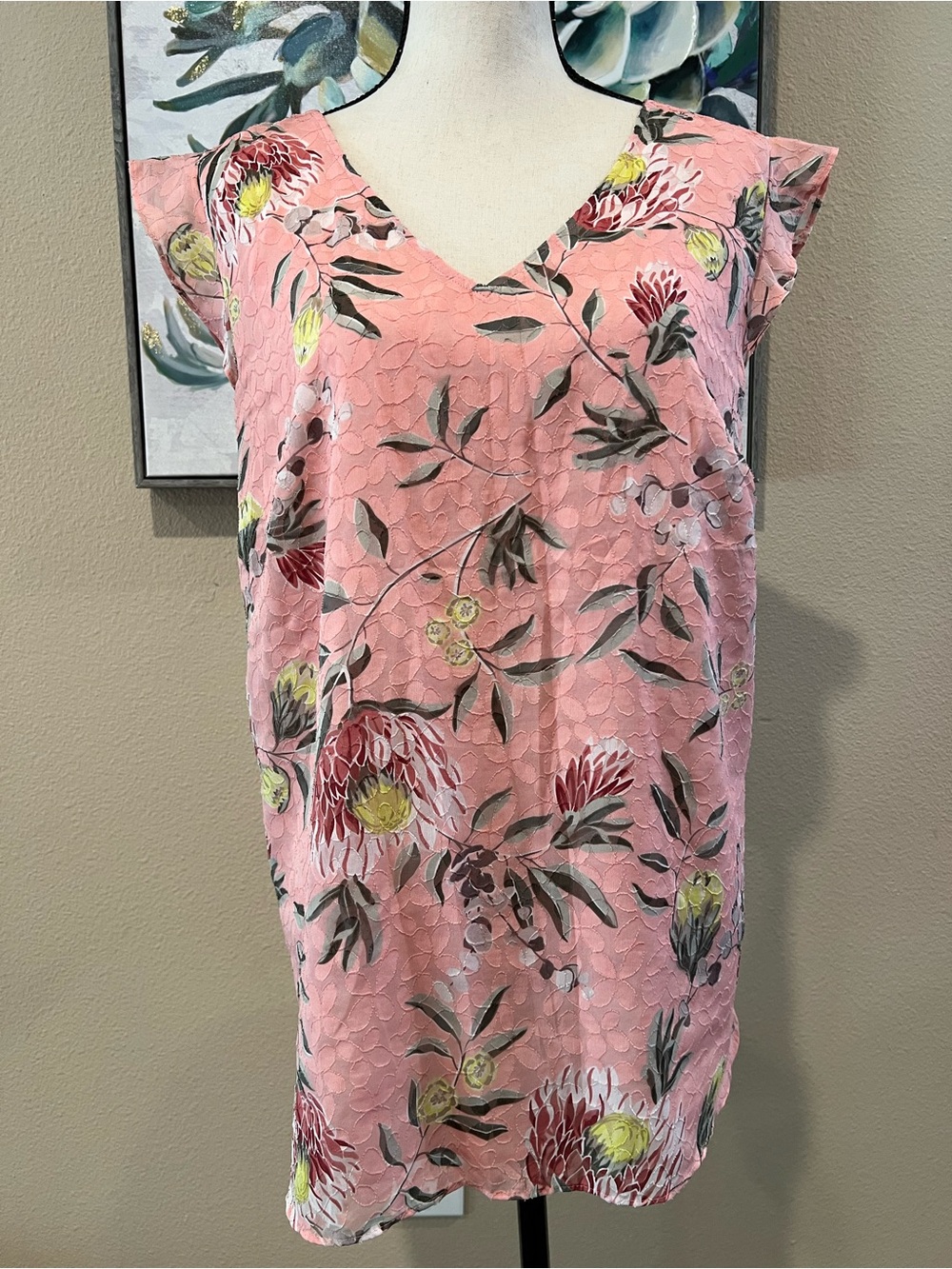 LOFT Pink Floral V-Neck Flutter Sleeve Tunic